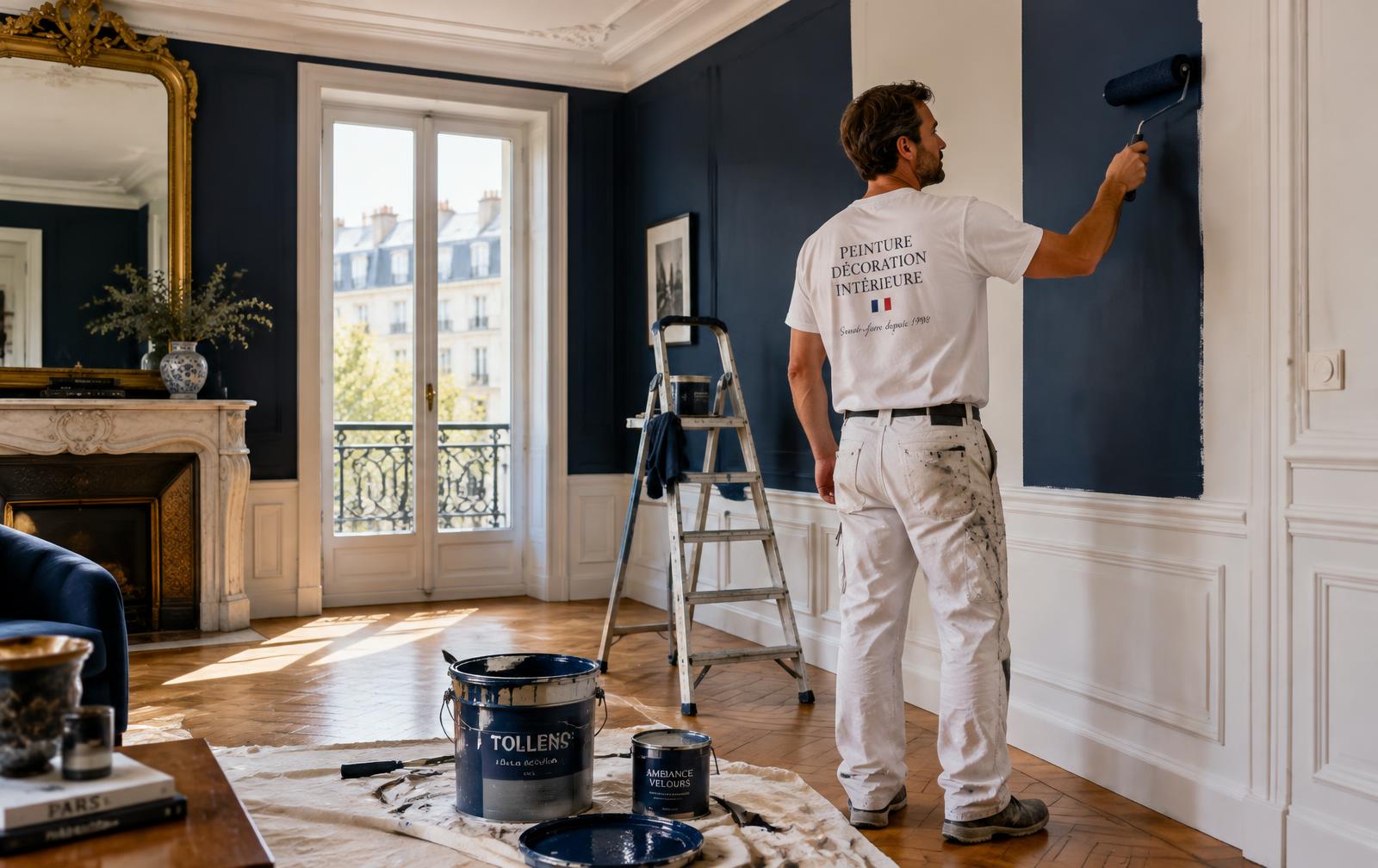 Peintre décorateur au travail dans un intérieur élégant
